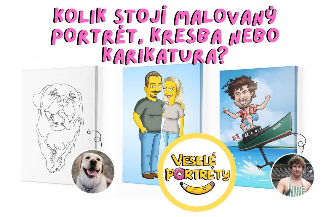 Tři ručně malované portréty na plátně, lineart, simpsonovi, karikatura pro článek o ceně malovaných portrétů. VeselePortrety.cz