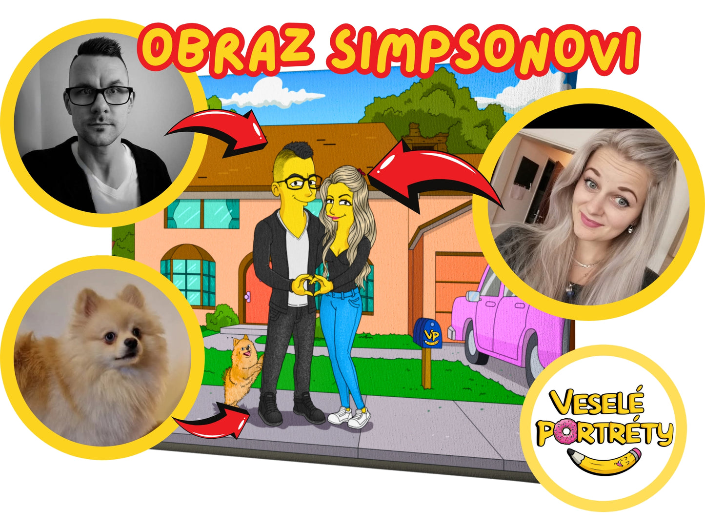 Obraz jako Simpsonovi podle páru se psem, pozadí dům, veseleportrety.cz, portrét jako ze Simpsonů - originální dárek.