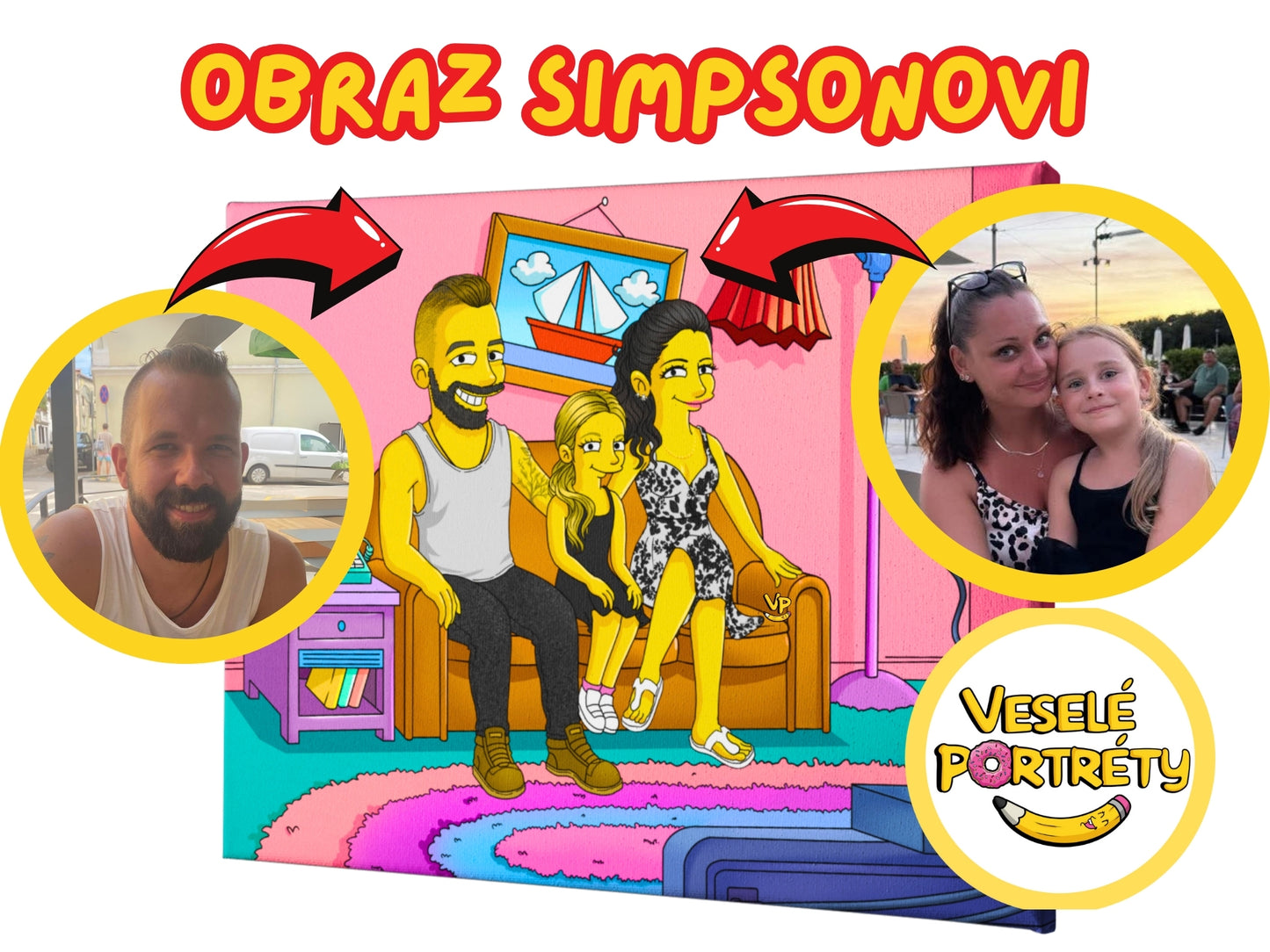 Obraz Simpsonovi podle fotky, dárek k narozeninám, veseleportrety.cz, portréty Simpsonů na míru - originální dárek.