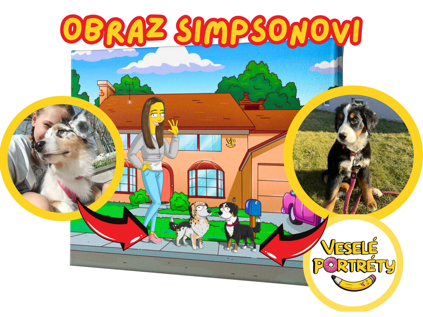 Obraz Simpsonovi podle fotky, dívka se dvěma psy, veseleportrety.cz, portrét jako ze Simpsonů - originální dárek.