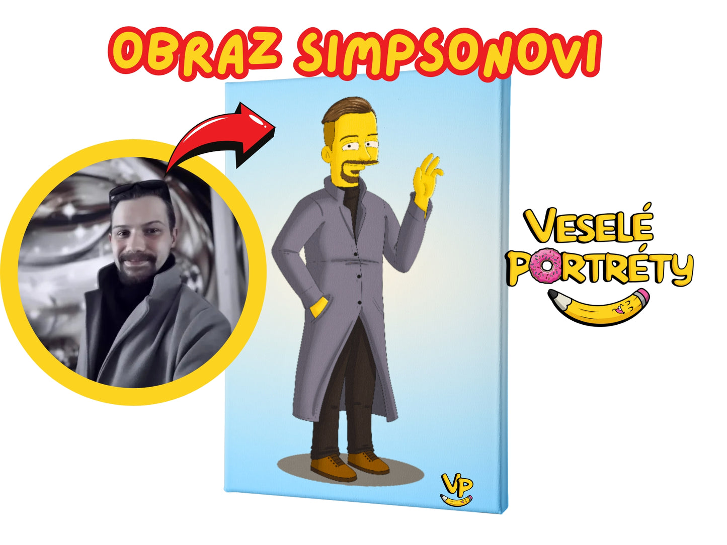 Obraz Simpsonovi podle fotky, muž v kabátu, veseleportrety.cz, portrét jako ze Simpsonů - originální dárek.