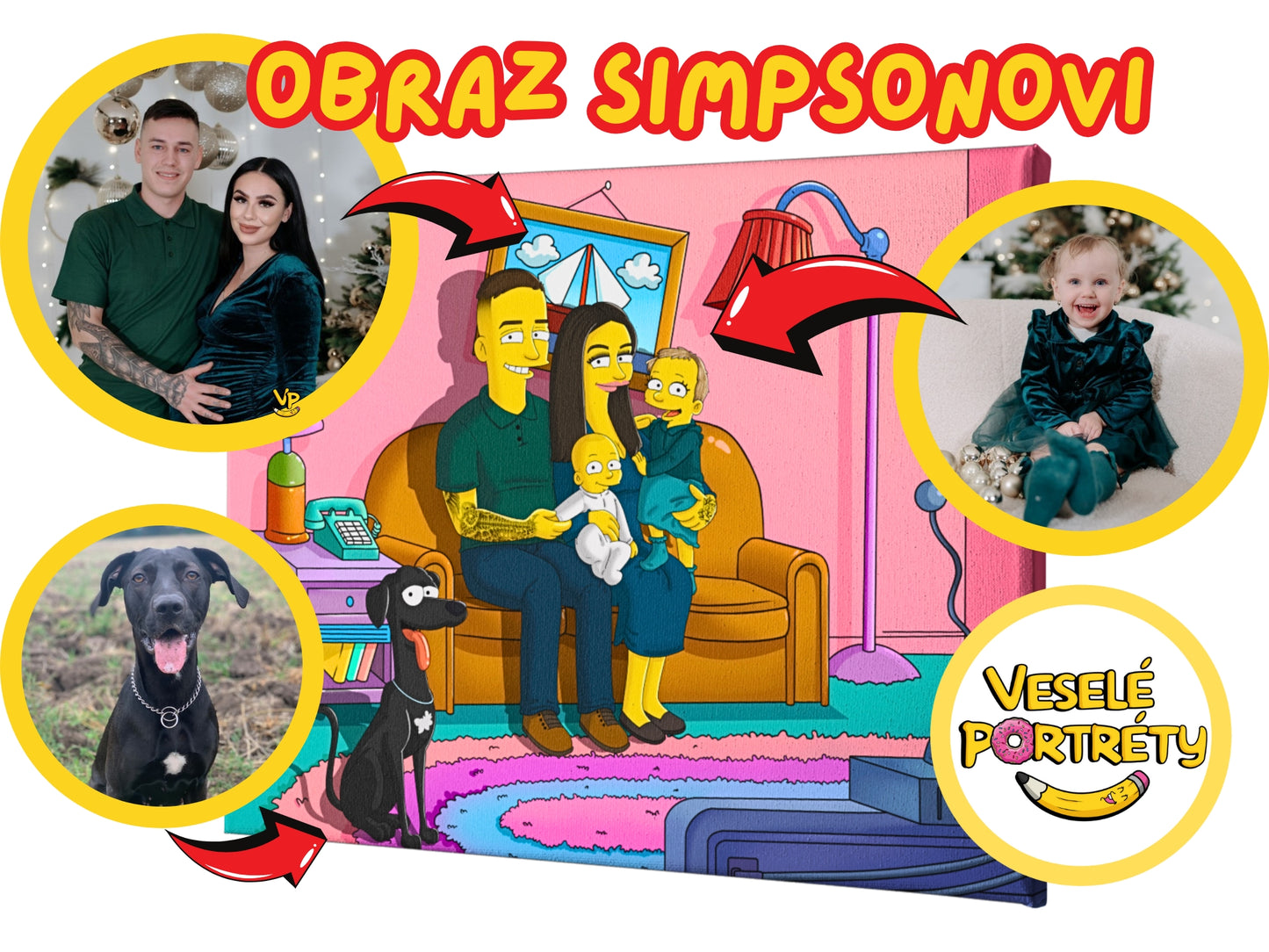 Obraz Simpsonovi podle fotky, pár s dětmi a psem, veseleportrety.cz, portrét jako ze Simpsonů - originální dárek.