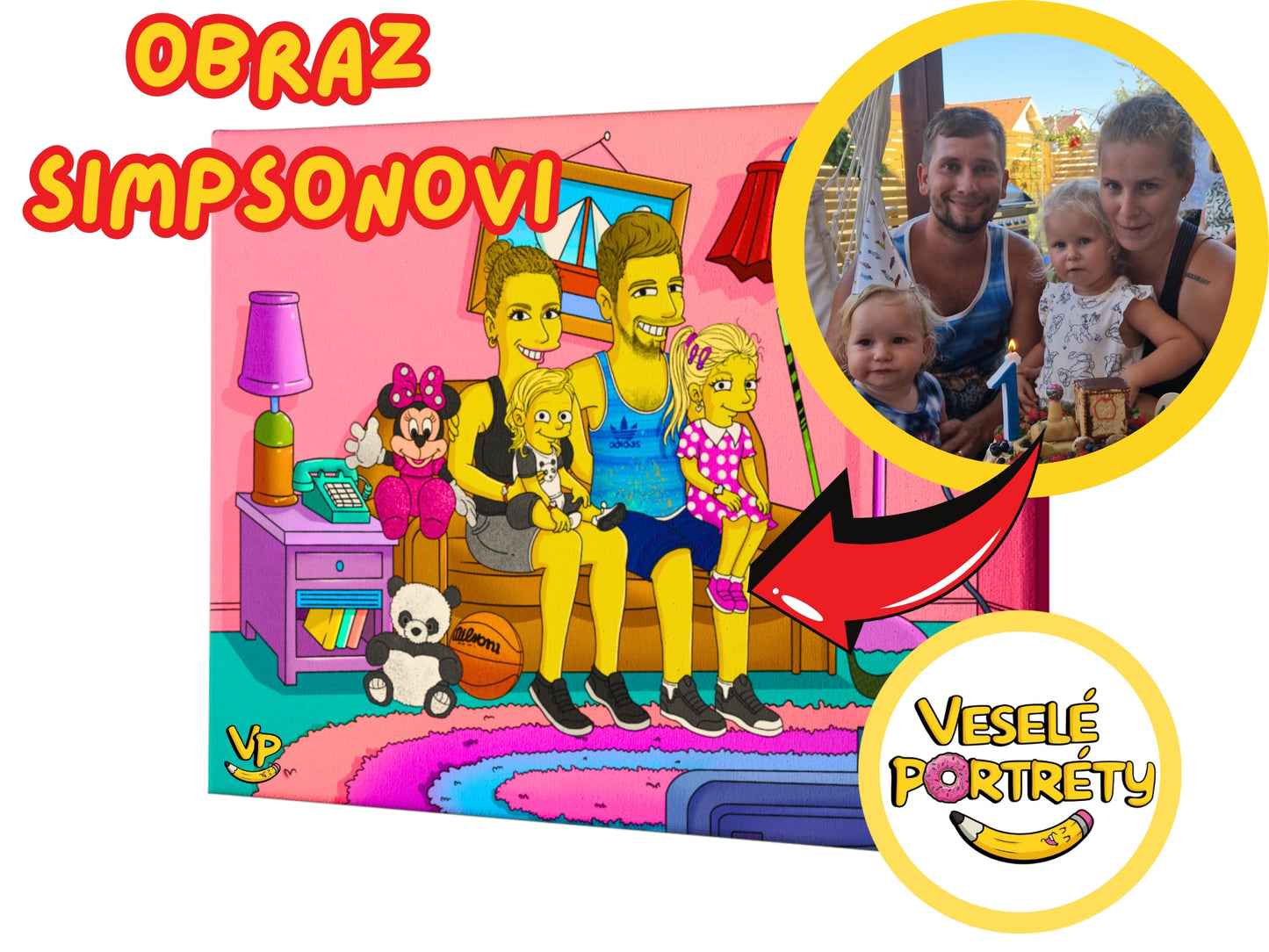 Obraz Simpsonovi vytištěný na plátně, rodina s dětmi, od veseleportrety.cz, portréty jako Simpsonovi - originální dárek.