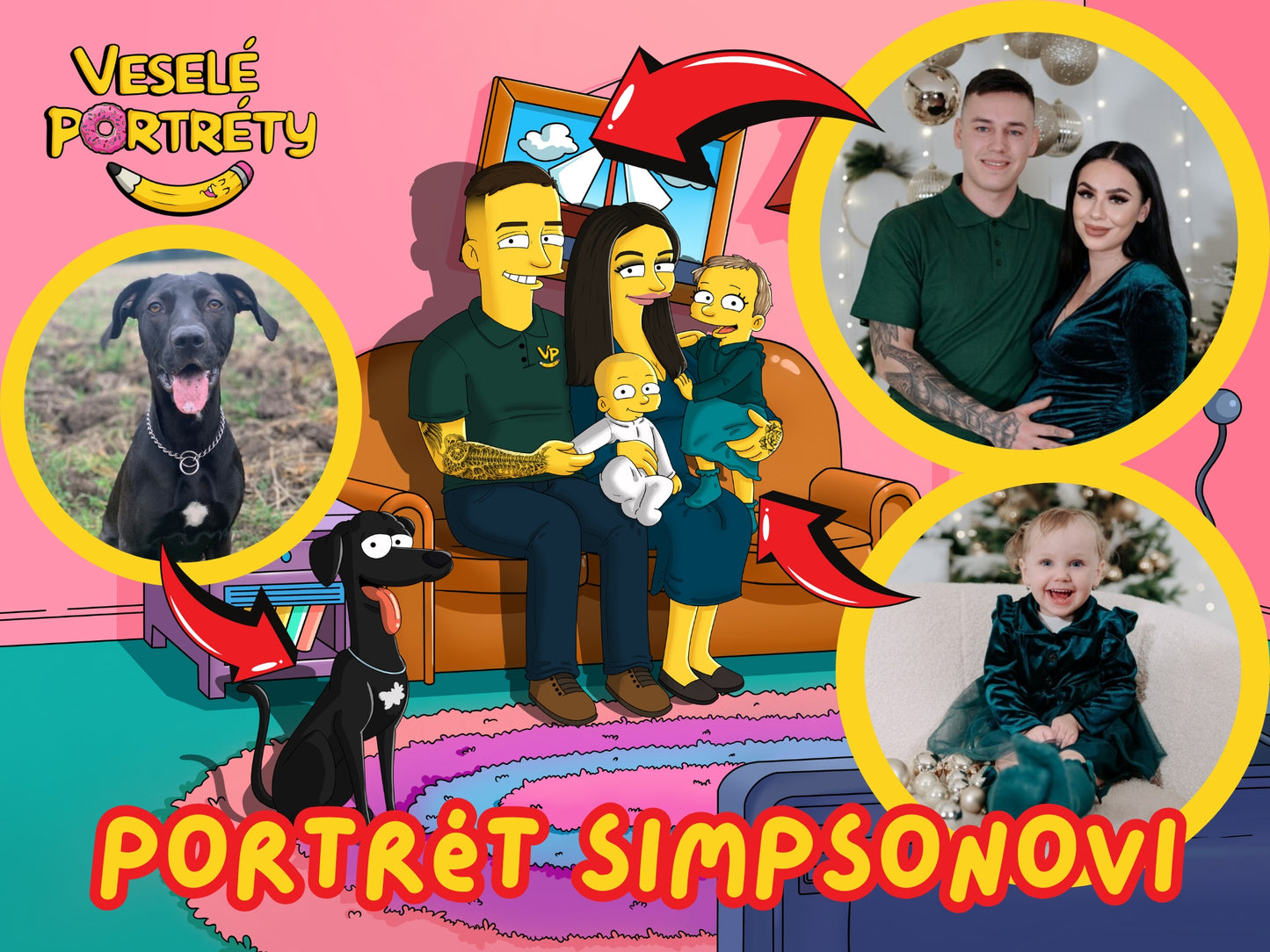 Portrét Simpsonovi podle fotky, pozadí gauč, pár s dětmi a psem, veseleportrety.cz, obraz Simpsonovi - originální dárek.