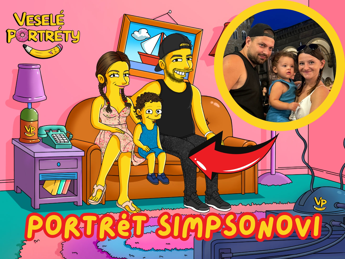 Obraz Simpsonovi vytištěný na plátně, rodina s ditětem, od veseleportrety.cz, portréty jako Simpsonovi - originální dárek.