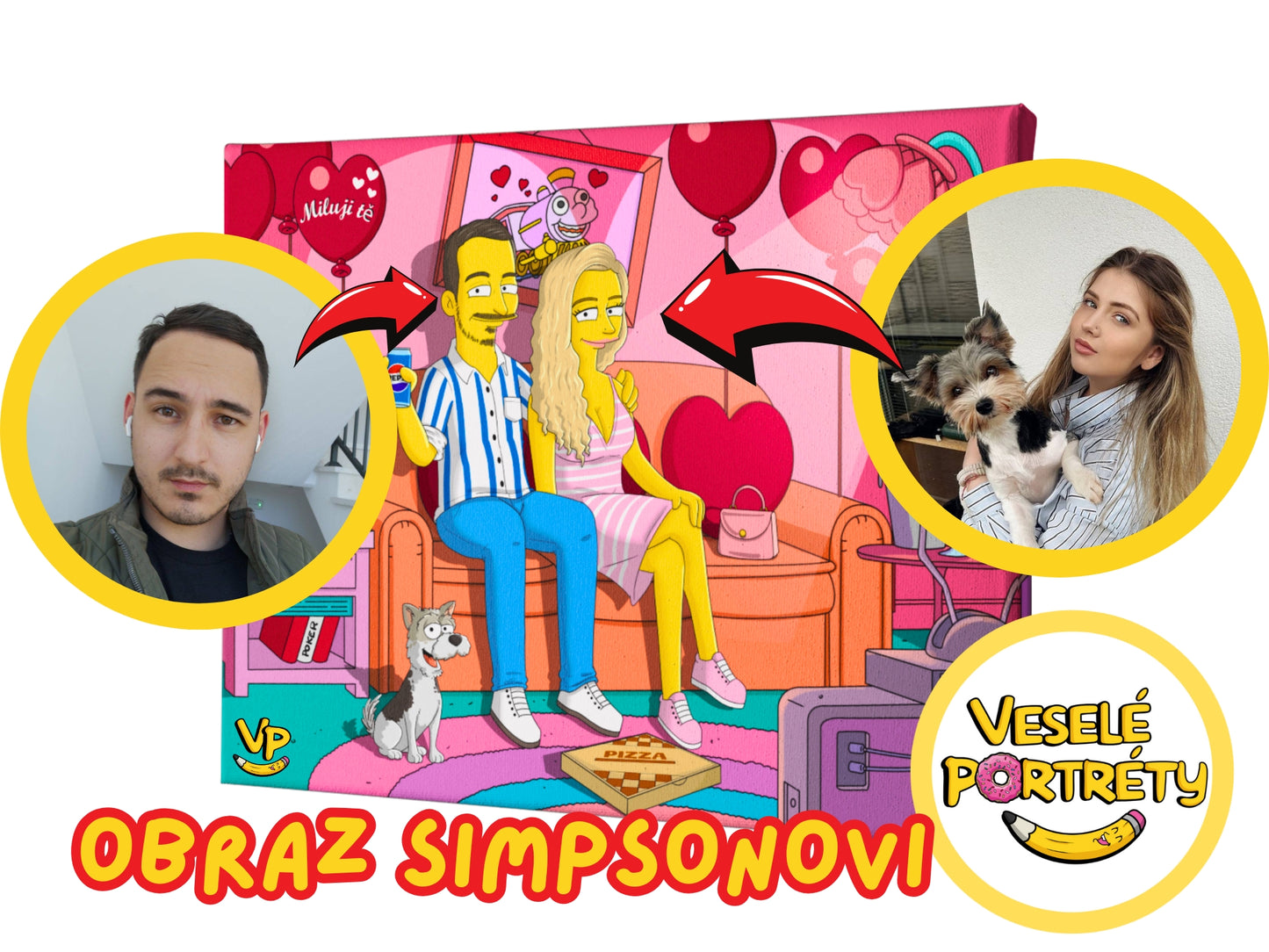Portrét Simpsonovi podle fotografie, dárek na Valentýna, veseleportrety.cz, portréty Simpsonů na míru - originální dárek.