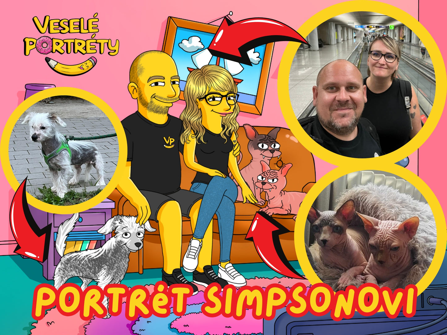 Portrét Simpsonovi podle fotografie, pozadí gauč, pár a zvířata, veseleportrety.cz, portréty Simpsonů na míru - originální dárek.