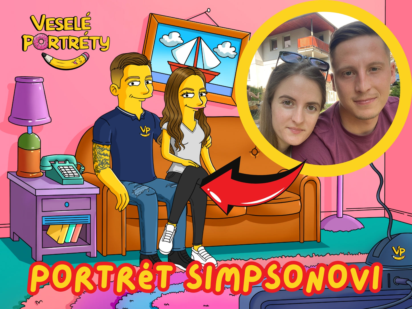 Portrét Simpsonovi podle fotografie, pozadí gauč, pár, veseleportrety.cz, portréty Simpsonů na míru - originální dárek.