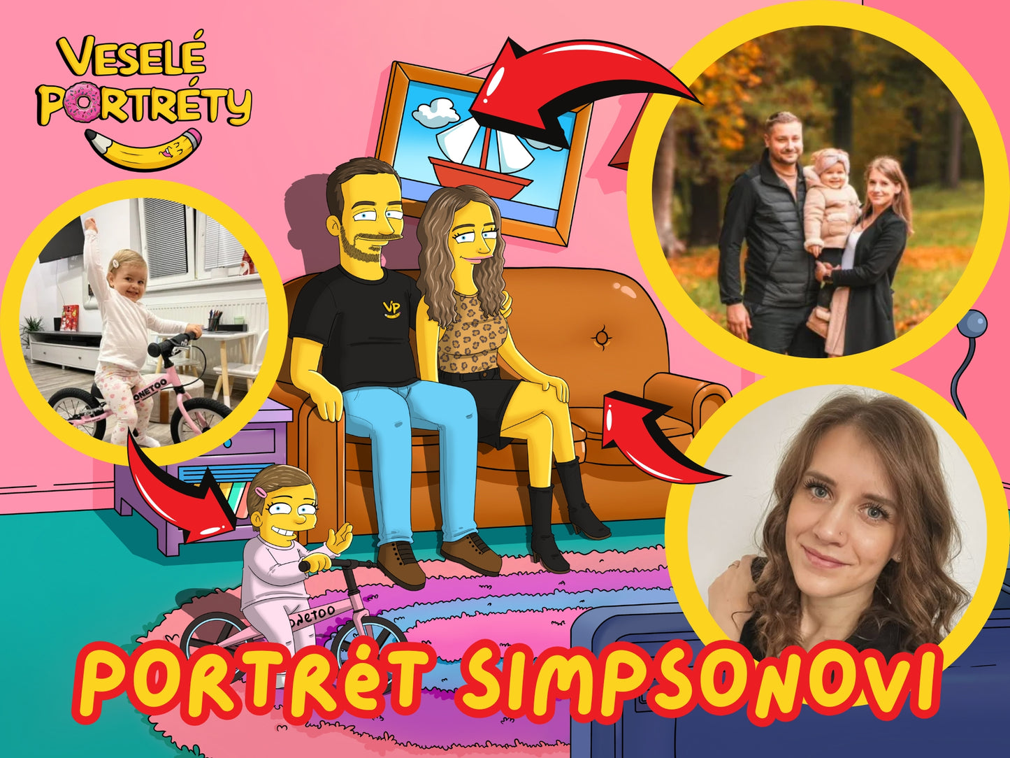 Portrét Simpsonovi podle fotografie, pozadí gauč, rodina s dítětem a kolem, veseleportrety.cz, portréty Simpsonů na míru - originální dárek.