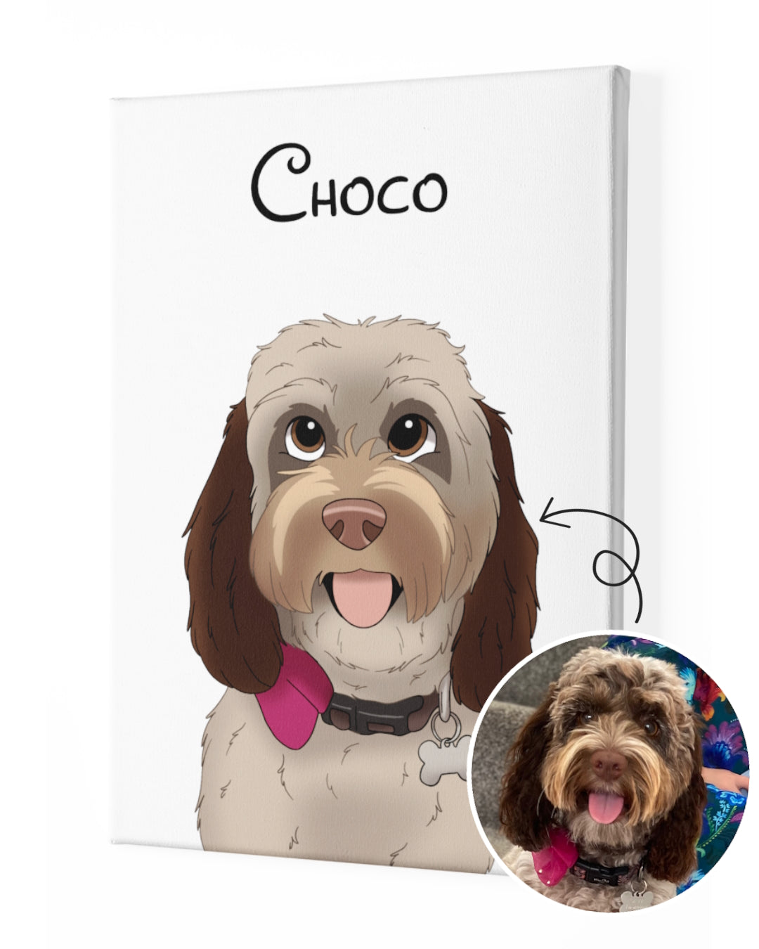 Custom pet portrait from photo of brown dog on white canvas by Portraiteo.com