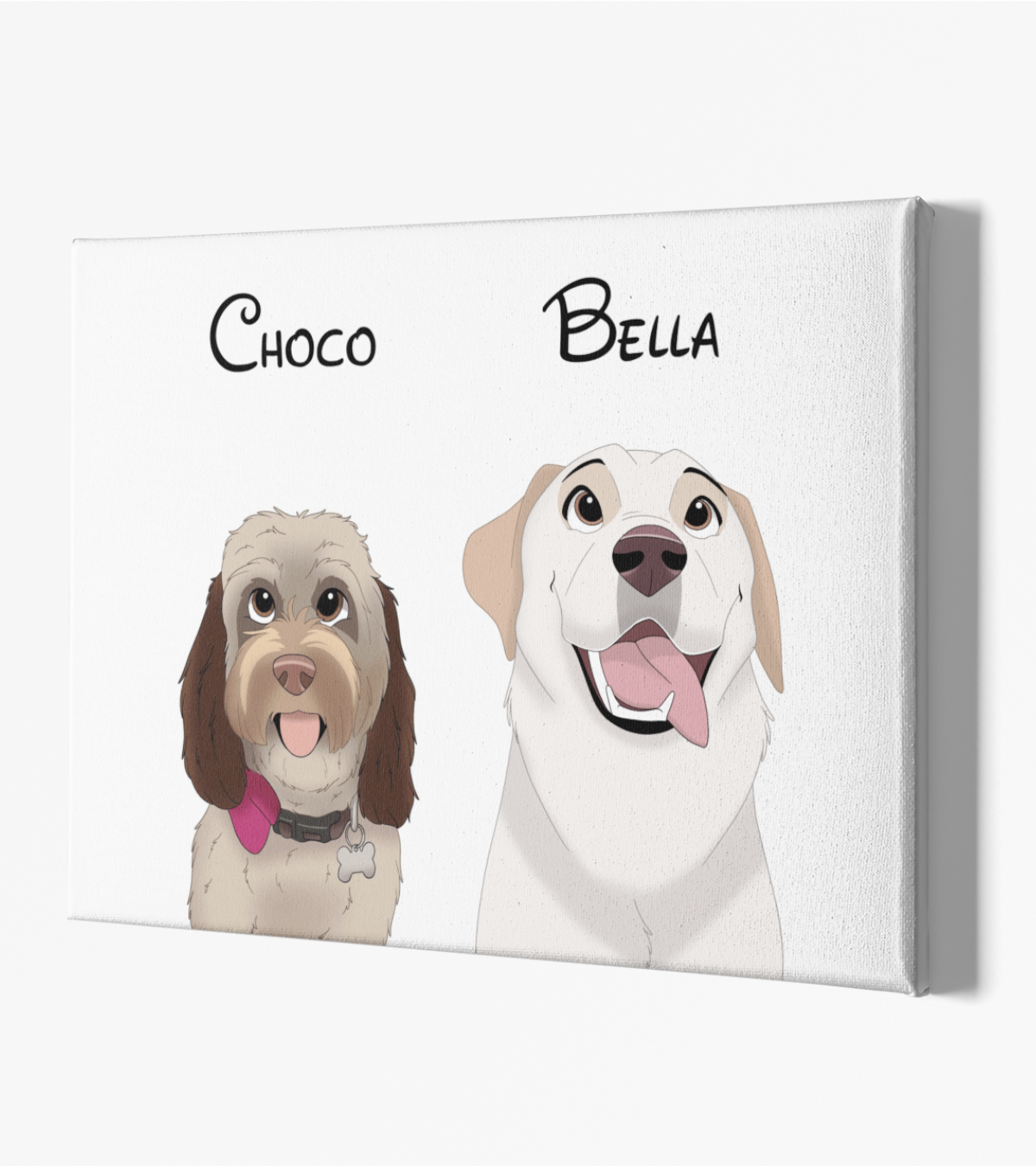 Custom pet portrait of 2 dogs in Disney style from photo on white canvas as custom illustraited dog portrait gift. Portraiteo