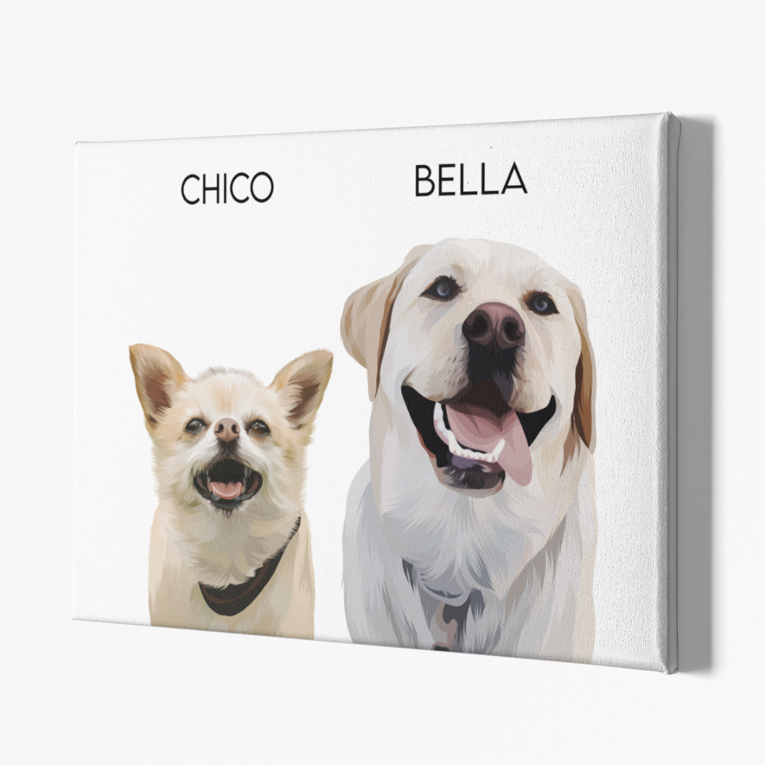 Custom pet portrait of 2 dogs in digital painting from photo on white canvas as custom illustraited portrait gift. Portraiteo