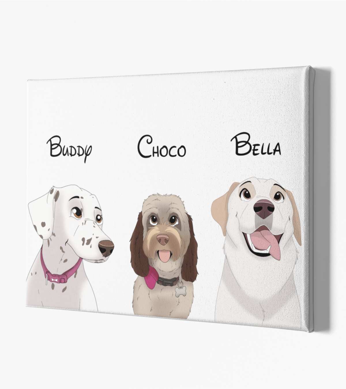 Custom pet portrait of 3 dogs in Disney style from photo on white canvas as custom illustraited dog portrait gift. Portraiteo