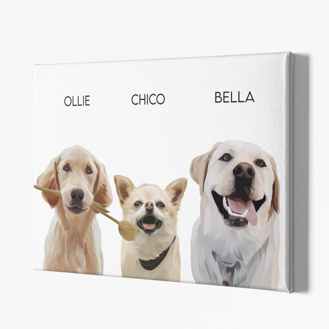 Custom pet portrait of 3 dogs in digital painting from photo on white canvas as custom illustraited portrait gift. Portraiteo