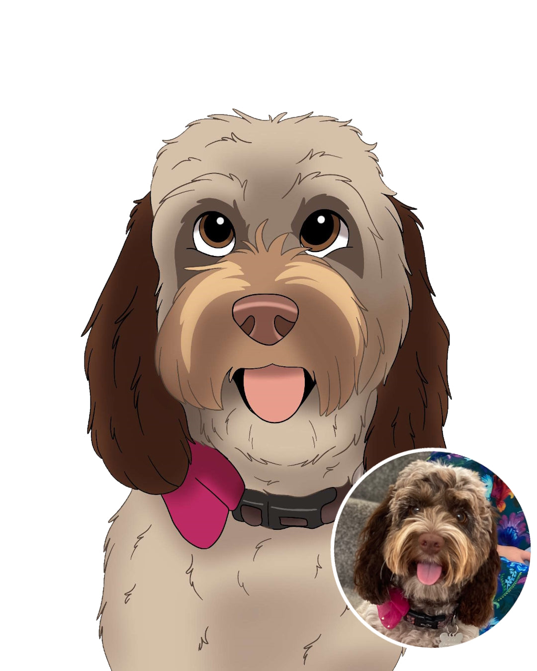 Custom pet portrait of a brown dog like disney illustration from photo on white background as custom painted gift. Portraiteo