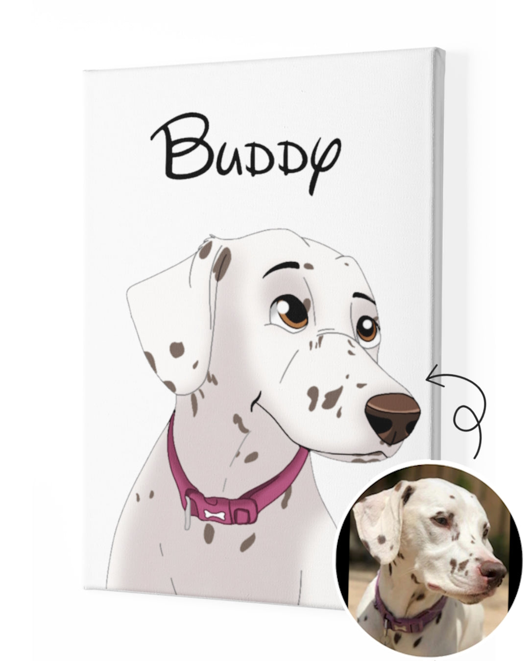Custom cartoon pet portrait in Disney style of a Dalmatian dog from a photo on a white canvas as a best gift. Portraiteo.com