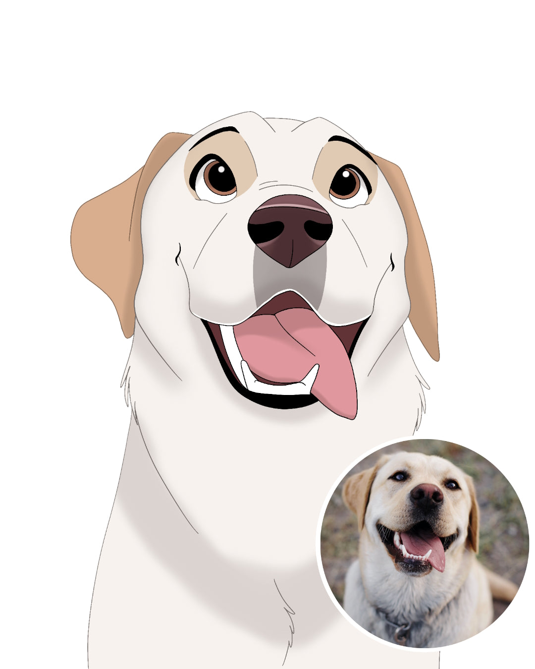 Custom pet portrait of a white happy Labrador like disney style from photo on white background as custom painting. Portraiteo