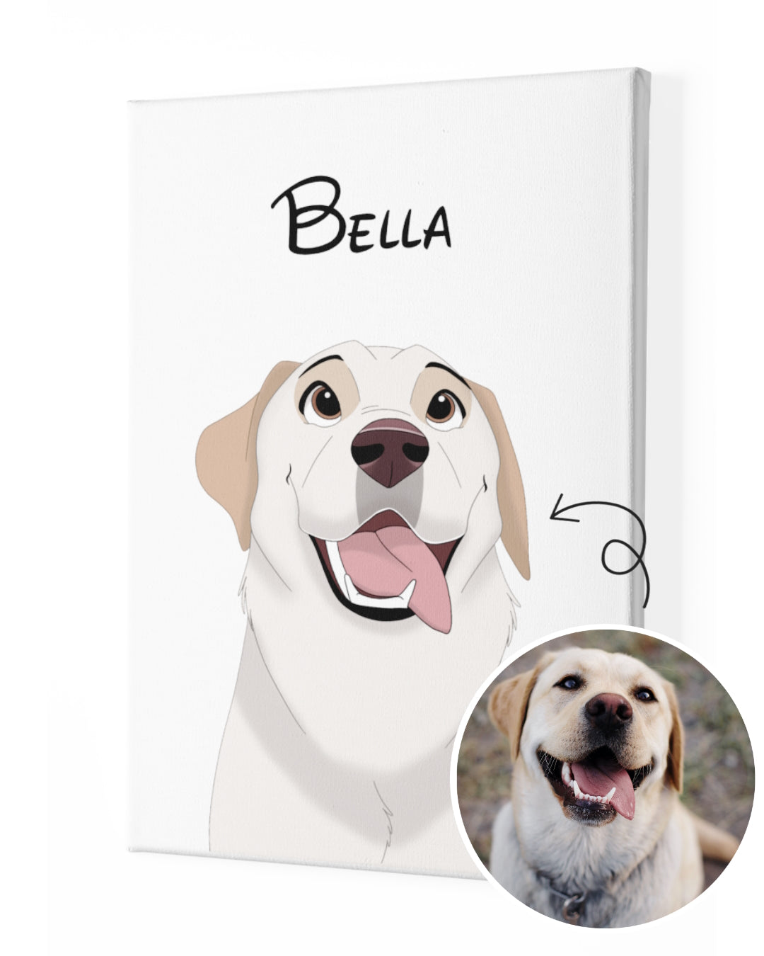 Custom cartoon pet portrait in Disney style of a white Labrador dog from a photo on a white canvas as a best gift. Portraiteo