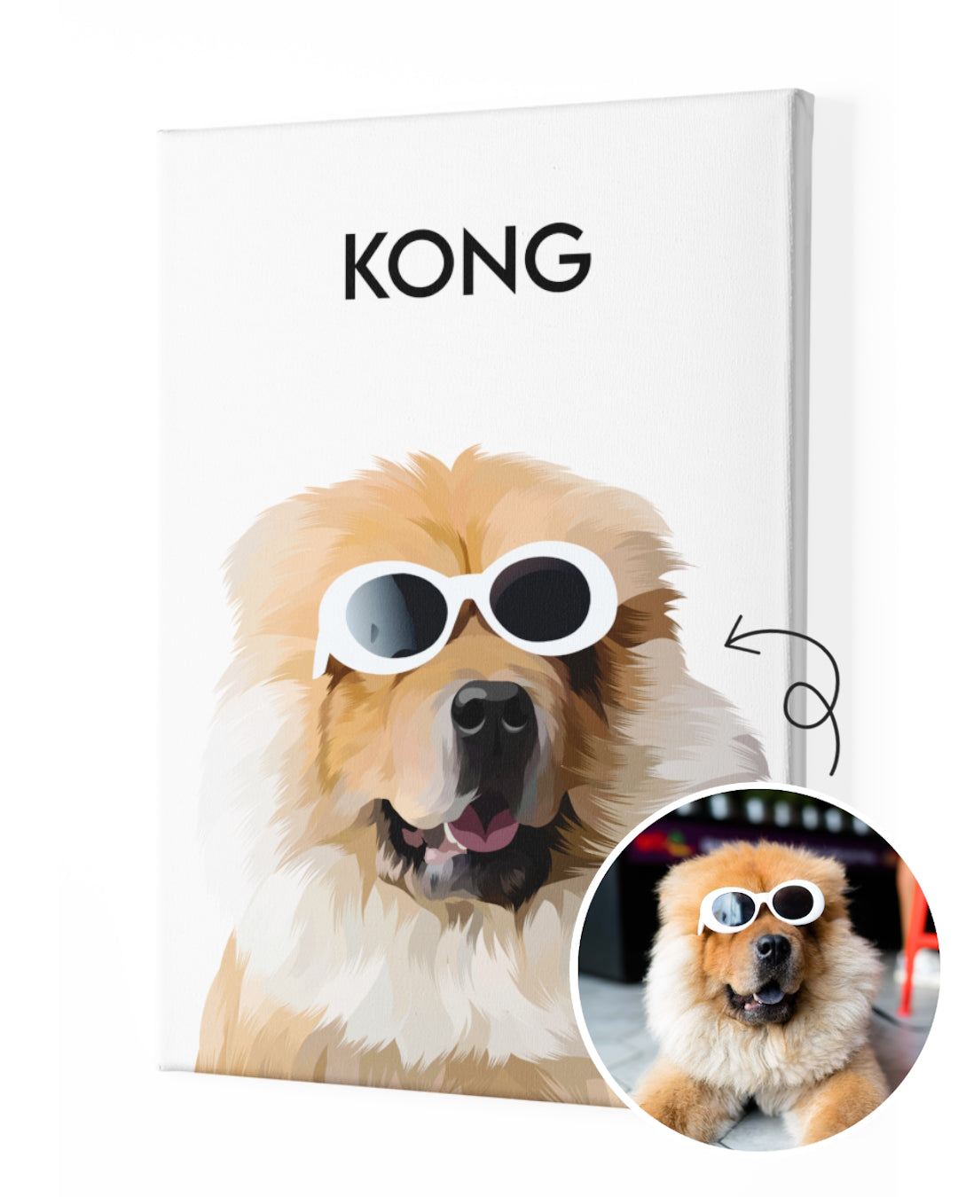 Custom pet portrait from photo of a big brown dog with white glasses named Kong on white canvas as an illustrated custom gift
