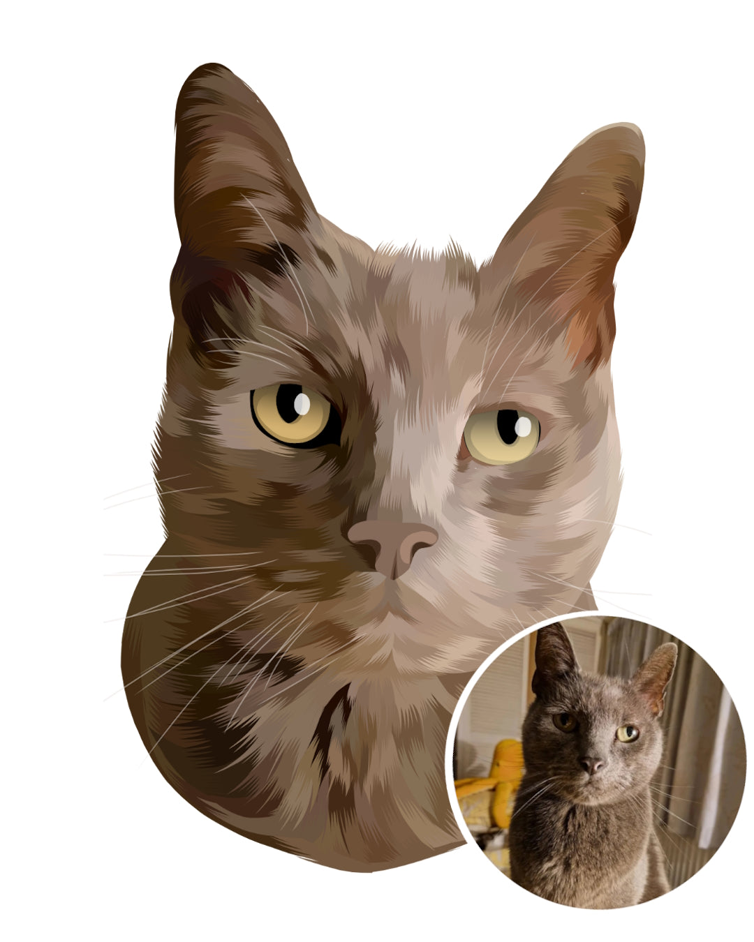 Custom cat portrait from photo of a grey cat on white canvas as a hand-painted digital pet portrait gift idea. Portraiteo.com