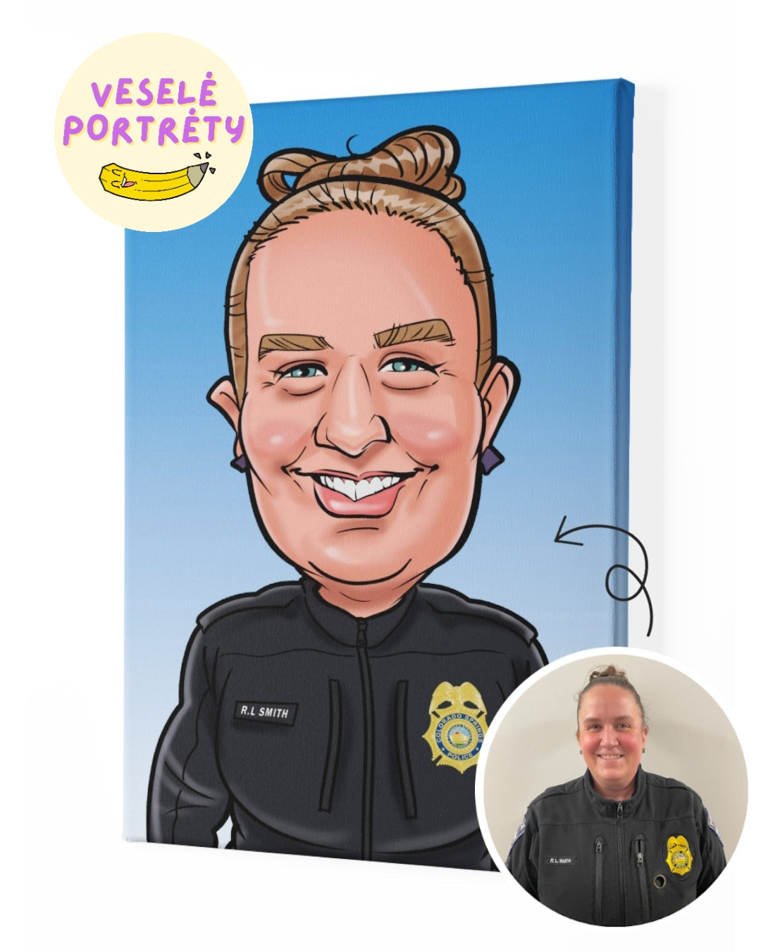 Karikatura z fotky online, policista, žena jako vtipná digitální karikatura na zakázku na plátně od VeselePortrety.cz