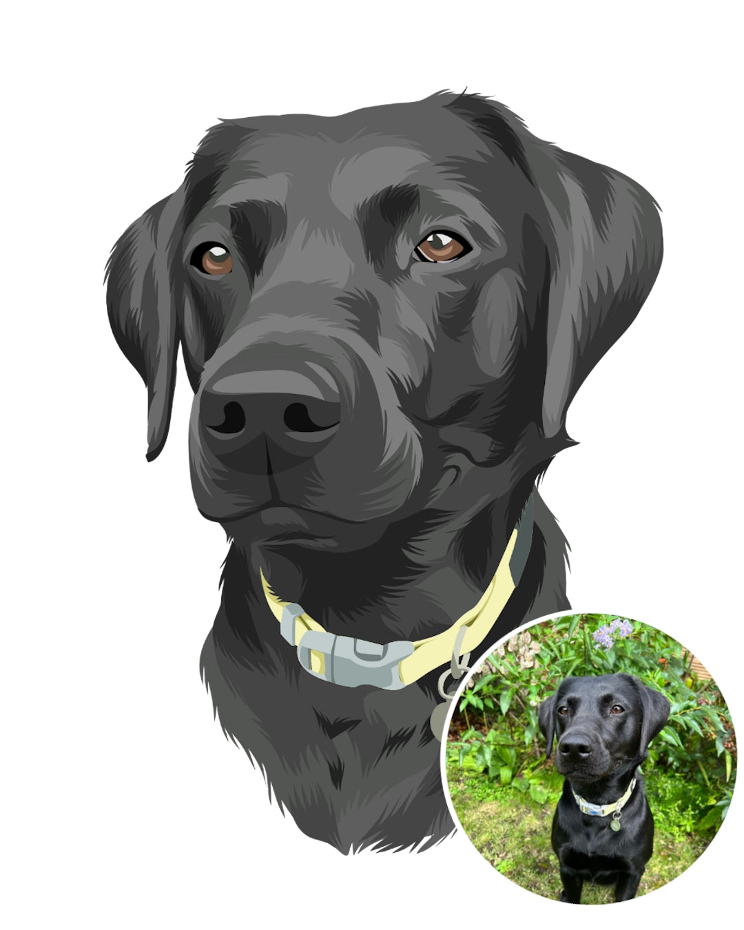 Personalised painted dog portrait of a black dog printed on white canvas as a custom pet illustration gift idea. Portraiteo
