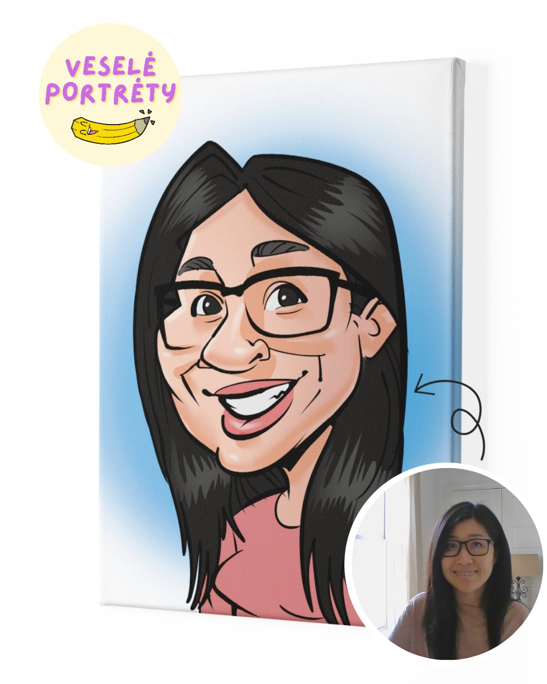 Digitální karikatura z fotky na plátně. Dívka s černými vlasy a brýlemi. Karikatura jako dárek k narozeninám od VeselePortrety.cz