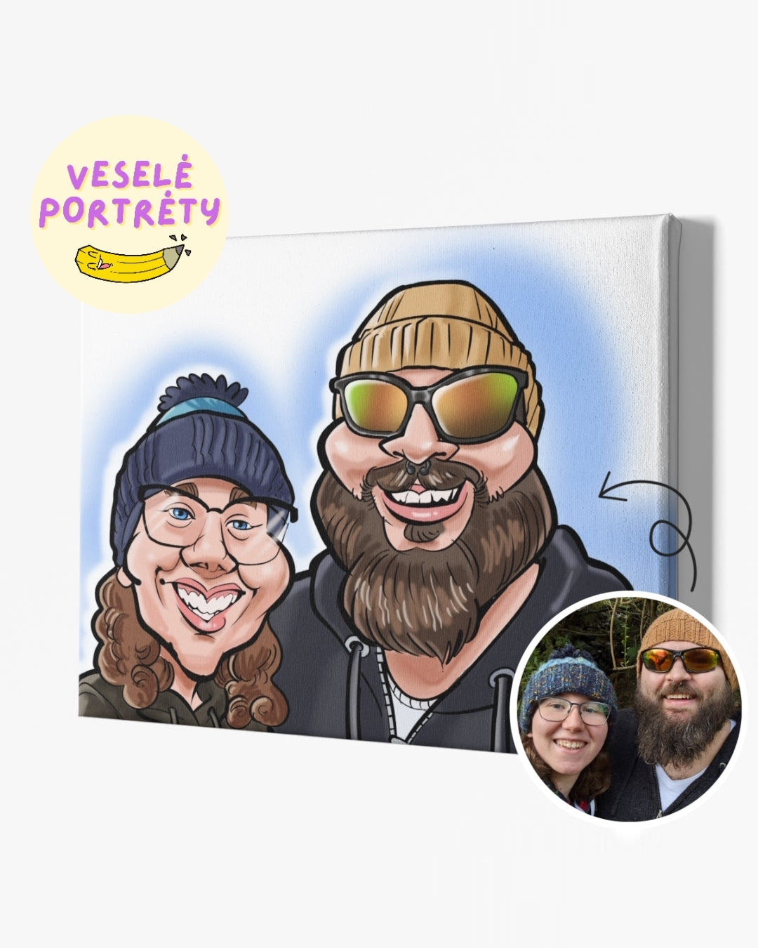 Karikatura z fotky online, šťastný pár na plátně jako vtipná digitální karikatura na zakázku na plátně od VeselePortrety.cz – portréty