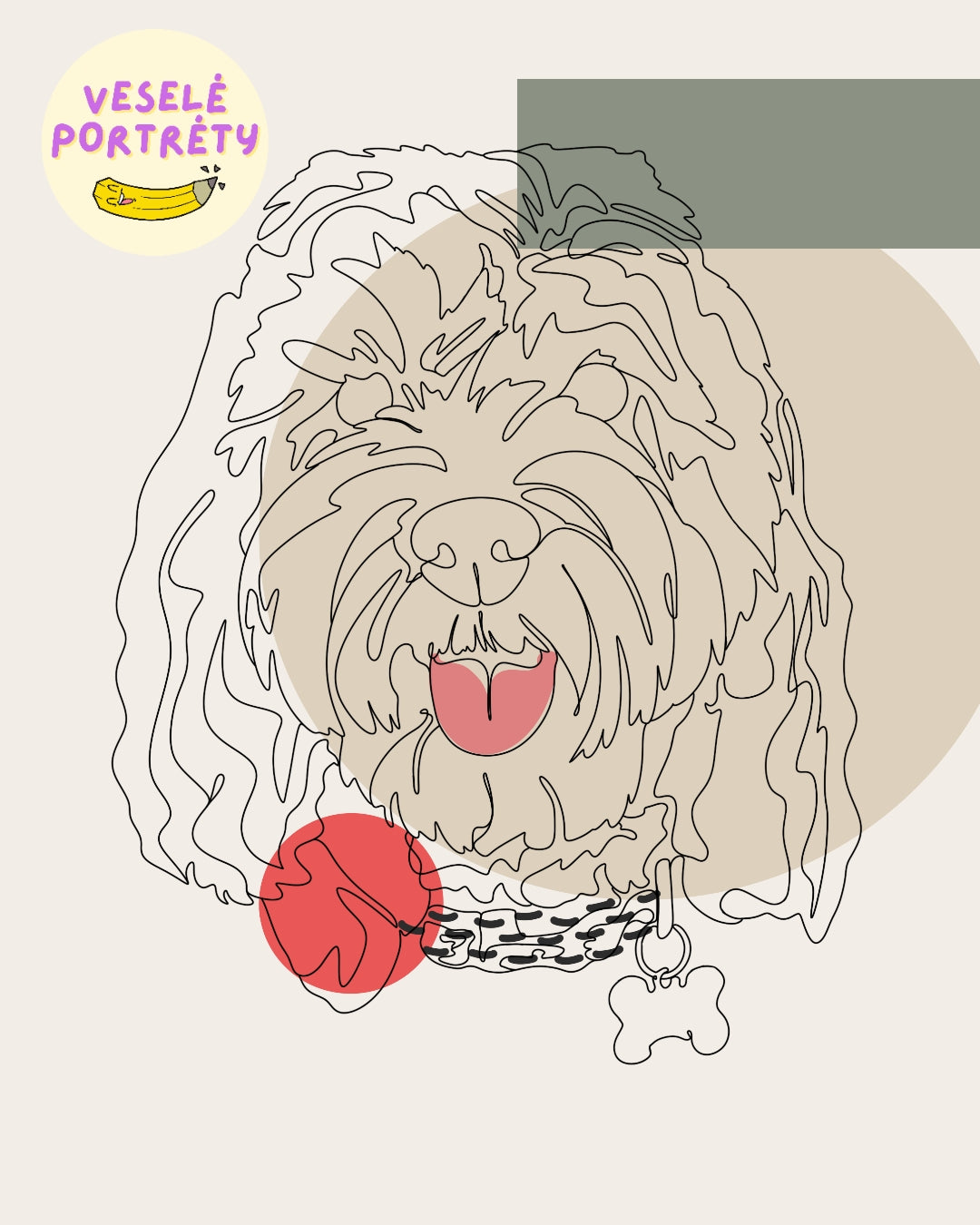Minimalistický portrét jedním tahem hlava psa na béžovém pozadí, minimalistická kresba ve stylu Linia (LineArt) | VeselePortrety.cz