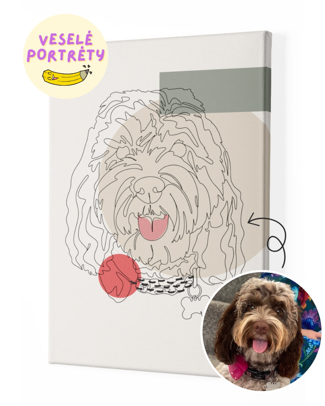 Minimalistický portrét jedním tahem ze fotky. Hlava psa na béžovém plátně na rámu. Portrét lineArt (portrét Linia) | VeselePortrety.cz