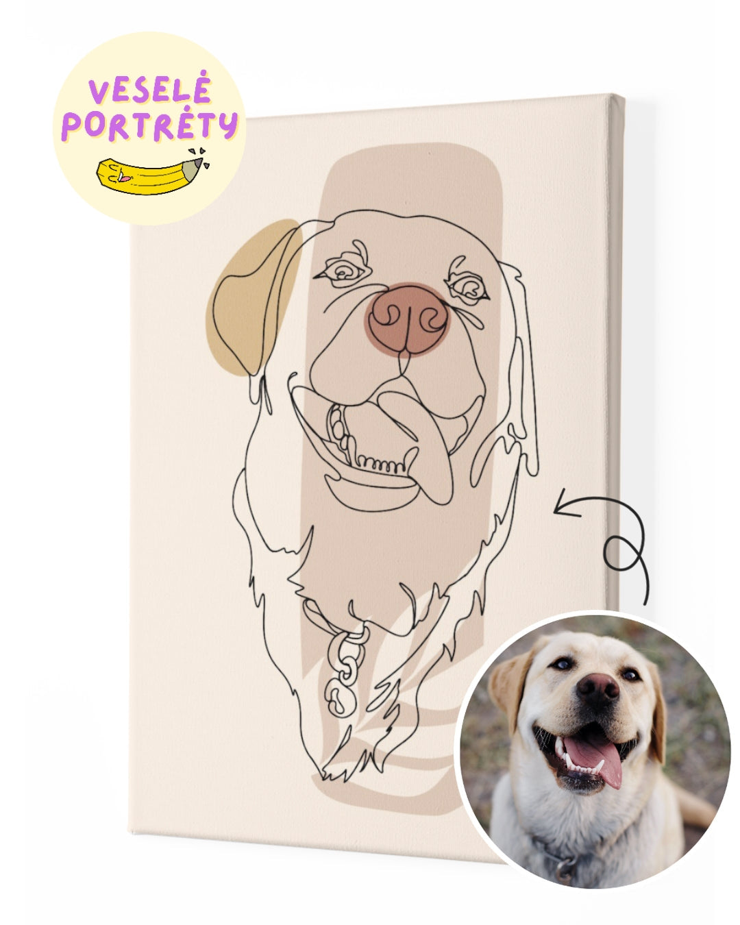 Minimalistický portrét jedním tahem ze fotky. Hlava psa na béžovém plátně na rámu. Portrét lineArt (portrét Linia) | VeselePortrety.cz