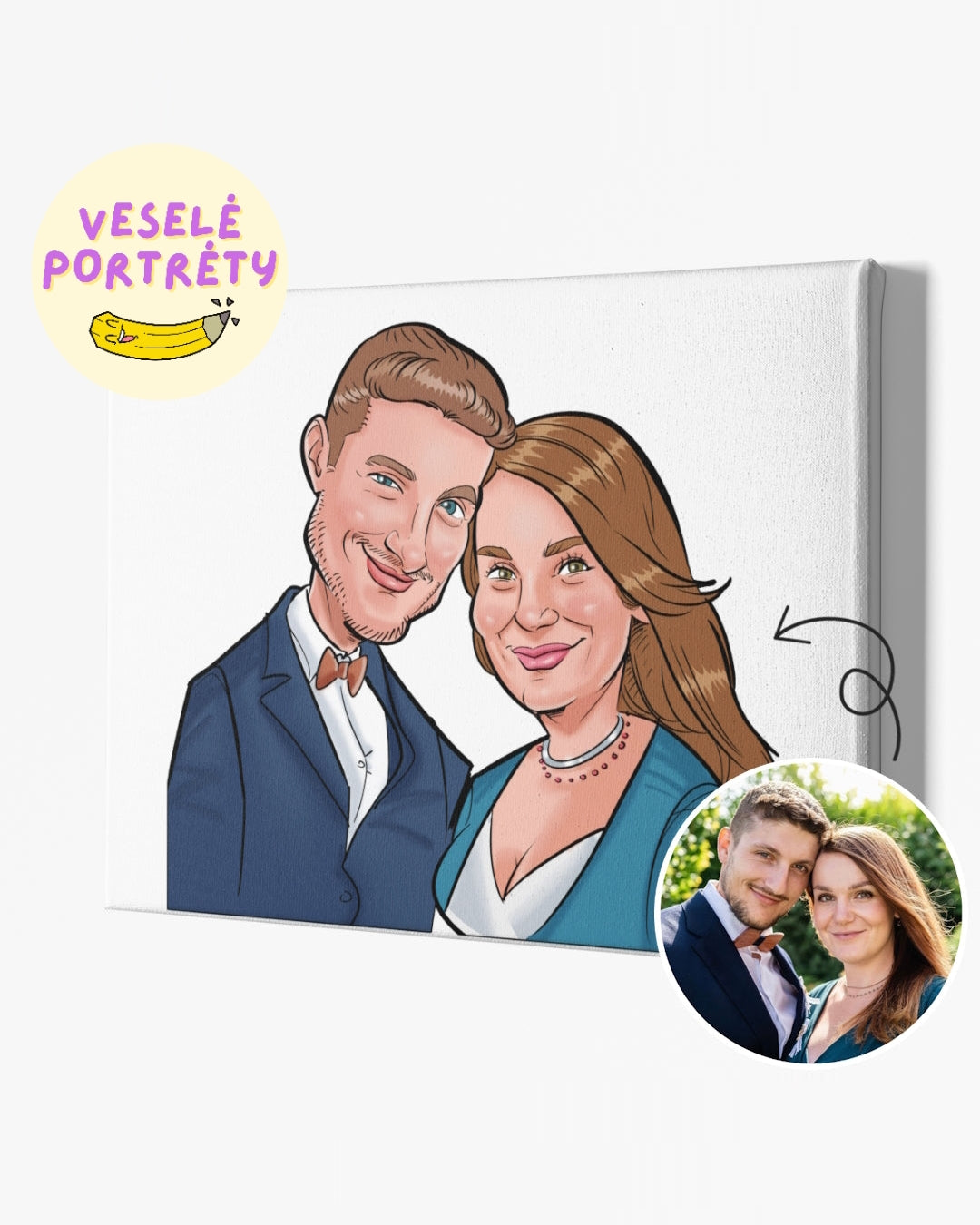 Karikatura z fotky online, pár ve svatebním oblečení na plátně na šířku. Karikatura z fotky jako dárek na svatbu. VeselePortrety.cz