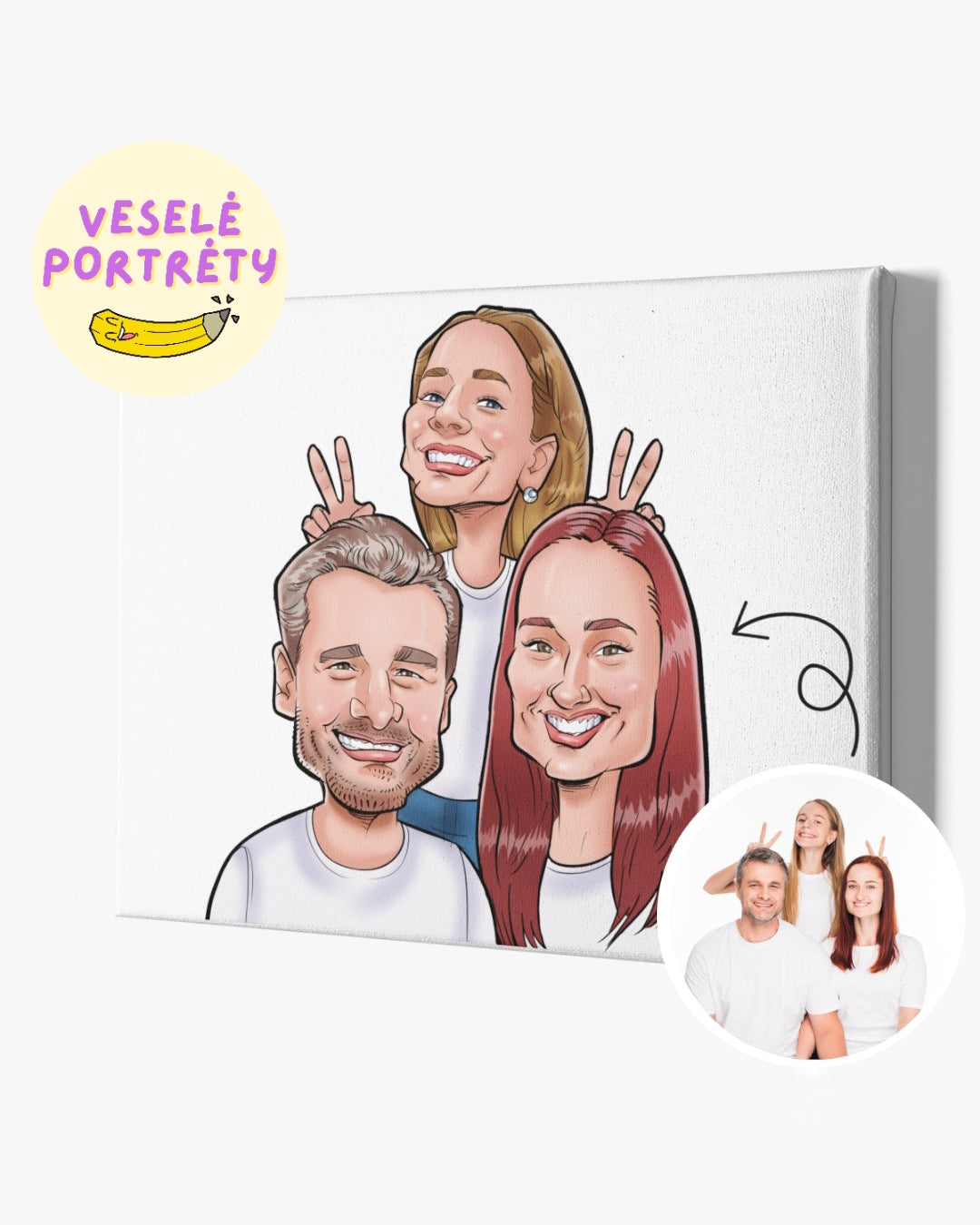 Karikatura z fotky online, veselá rodina na plátně jako digitální karikatura z fotky na plátně od VeselePortrety.cz – dárek k vánocům