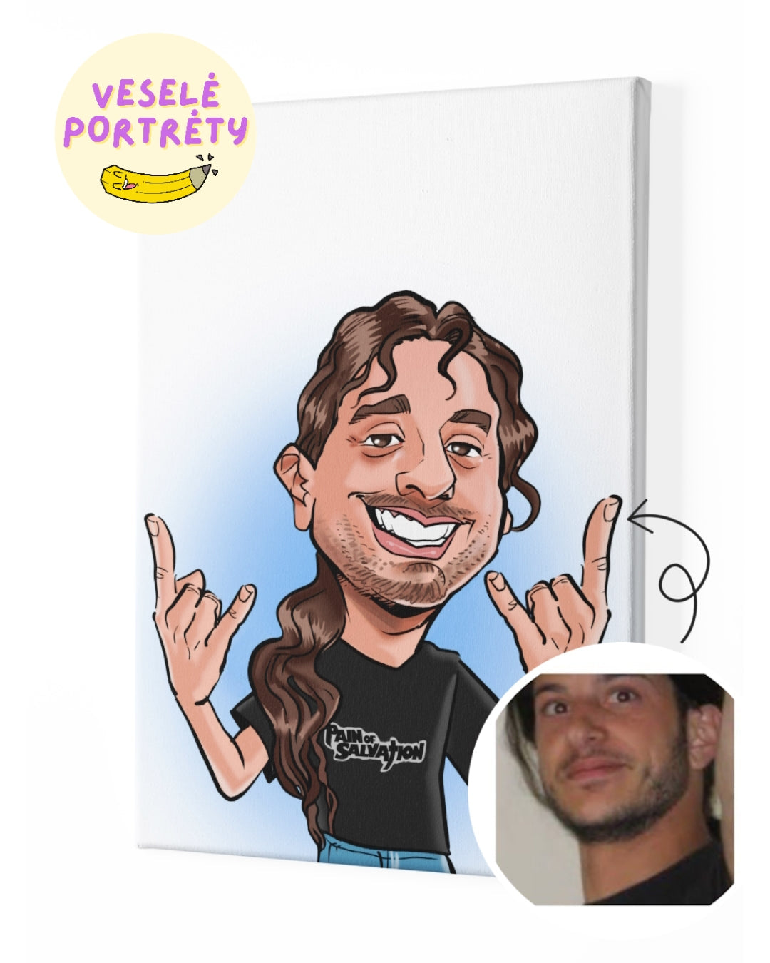 Karikatura z fotky online, muž s dlouhými vlasy, dělajícího rockové gesto jako karikatura na zakázku na plátně od VeselePortrety.cz