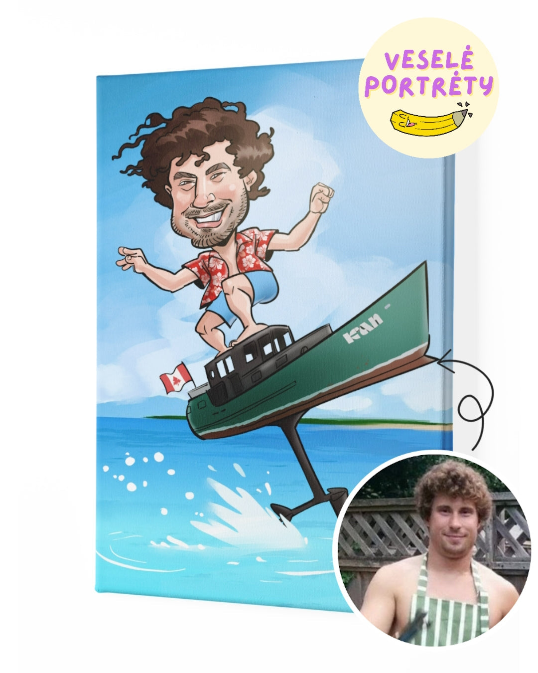 Vtipná karikatura z fotky na plátně. Muž s kudrnatými vlasy. Vtipná karikatura jako dárek k narozeninám od VeselePortrety.cz - portréty