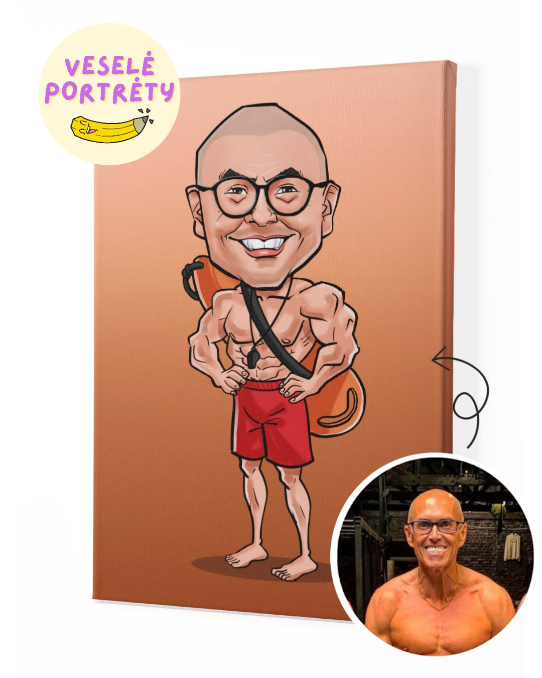 Vtipná digitální karikatura svalnatého plavčíka v červených šortkách na plátně jako dárek, od VeselePortrety.cz – portréty na zakázku
