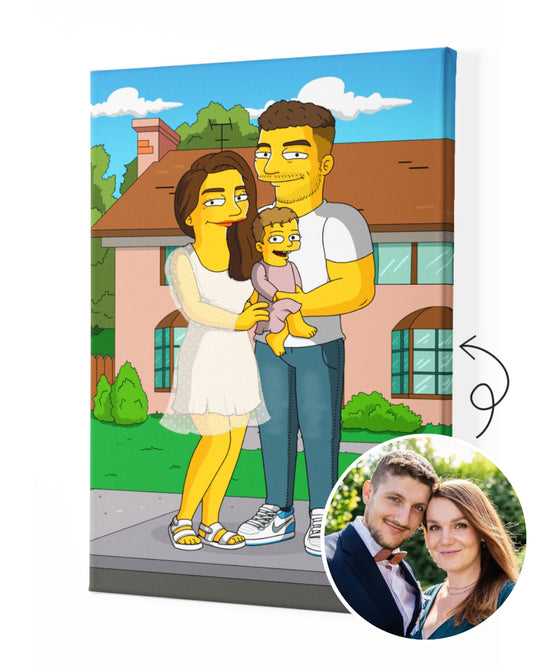 Canvas with custom simpsons portrait from photo of a couple with kid on house background as custom illustrated gift.