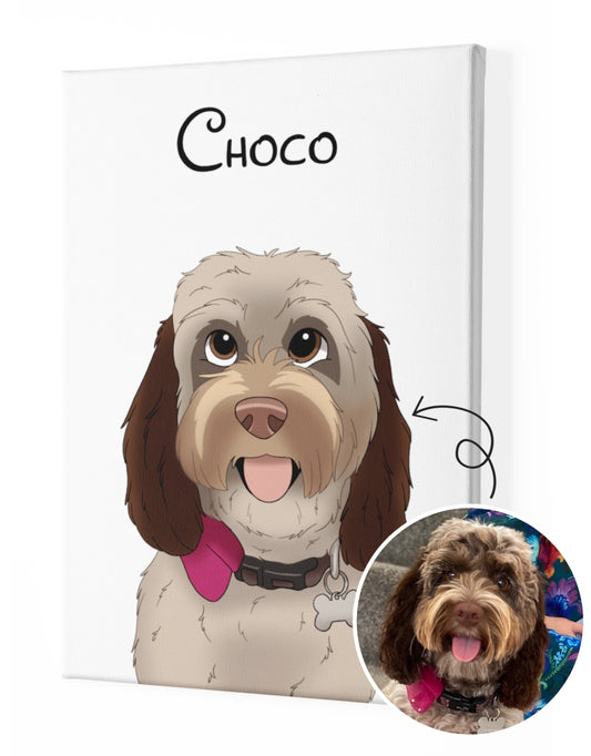 Custom cartoon pet portrait in Disney style of a brown dog from a photo on a white canvas with name as a pet gift.