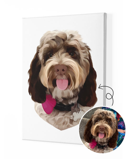 Custom pet portrait from photo of a happy brown dog on a white canvas as an illustrated custom gift portrait. Portraiteo